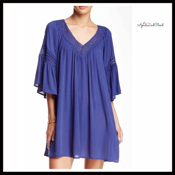 FLYING TOMATO 3/4 SLEEVE BLUE CROCHET TRIM DRESS - Picture 2 of 8